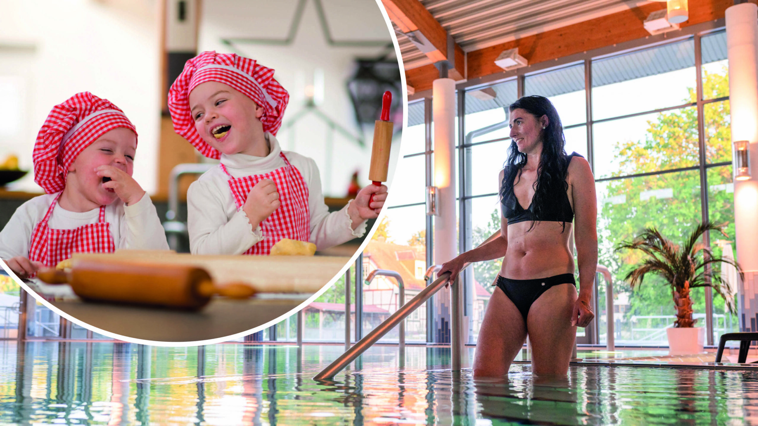 Zwei Kinder fröhlich beim Backen. Die Mutter entspannt im Solewasser.