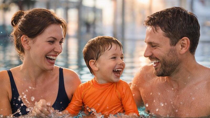 Familie mit Frau, Mann und Jungen. Sie sind im Wasser und haben sichtlich Spaß.